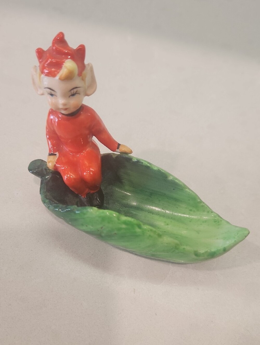 Vintage Ceramic Elf on Green Leaf Trinket Dish